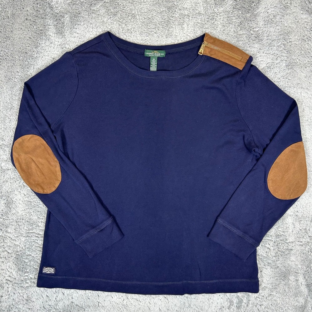Lauren Ralph Lauren Navy Blue Elbow Patch Zipper Shoulder Cotton Top 2X
